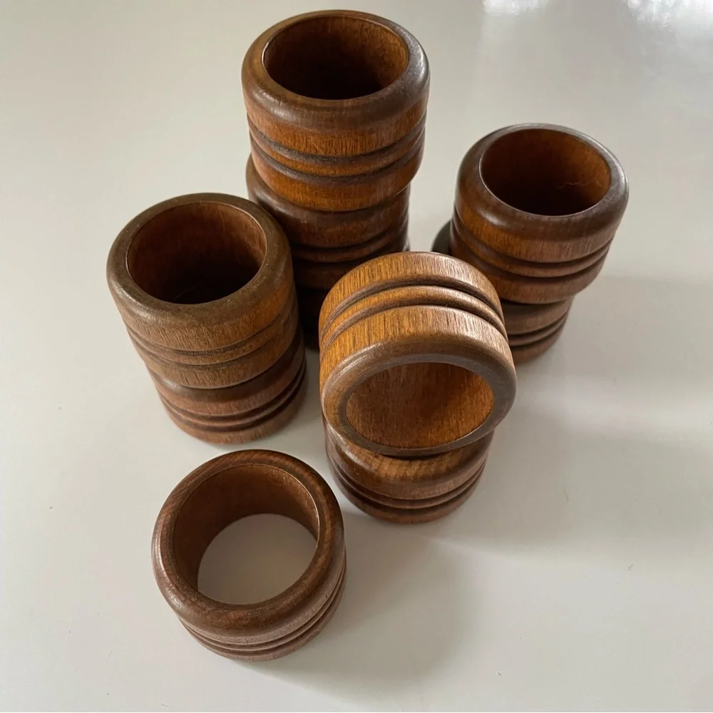 Vintage Set of 10 Round Wooden Napkin Ring Holders
